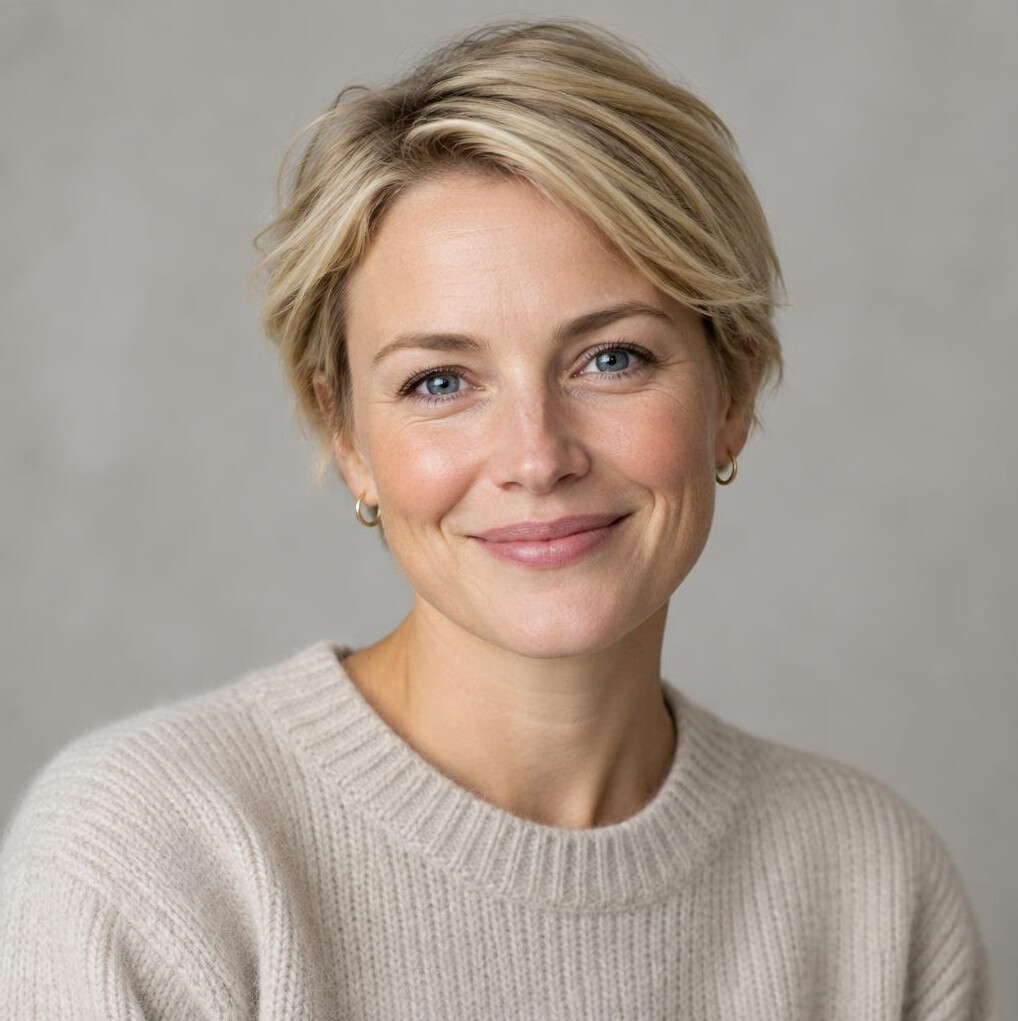 Studio portrait of a Scandinavian woman with short hair smiling