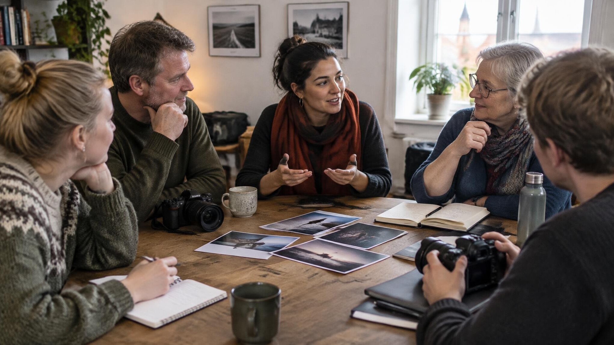 Small group attending a storytelling and photography workshop indoors