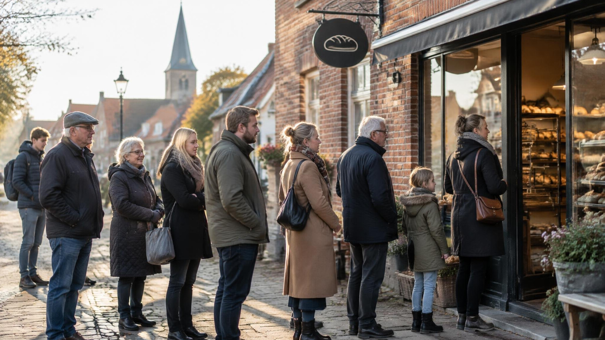 People queuing outside a bakery early in the morning in Denmark